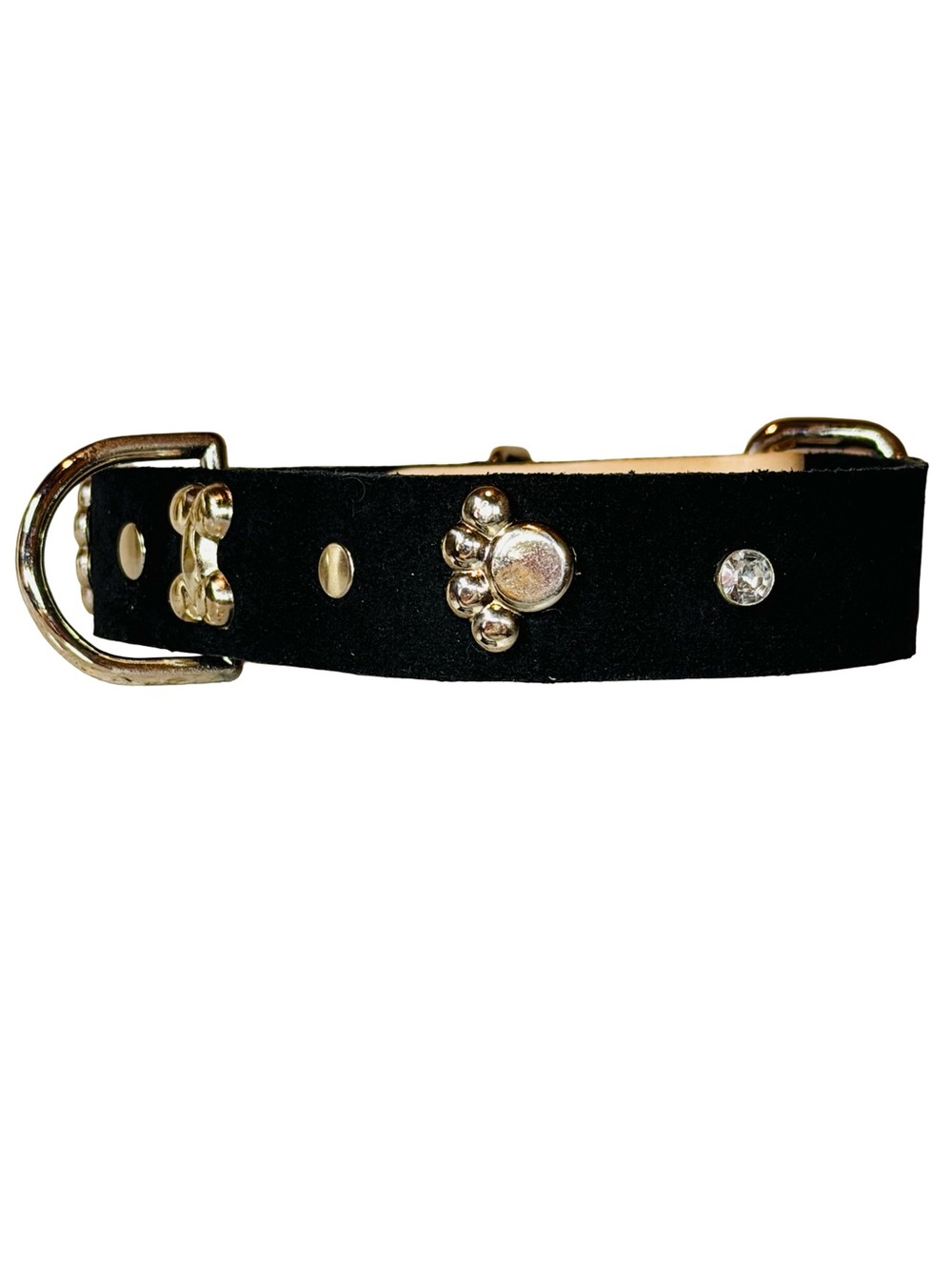 Hand Crafted NWOT Black Brushed Leather Dog Collar - Crystal and Metal Accents